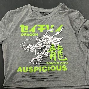 Brand New Coolane Chinese Dragon & Letter Print Ladder Cut Hem Crop Top